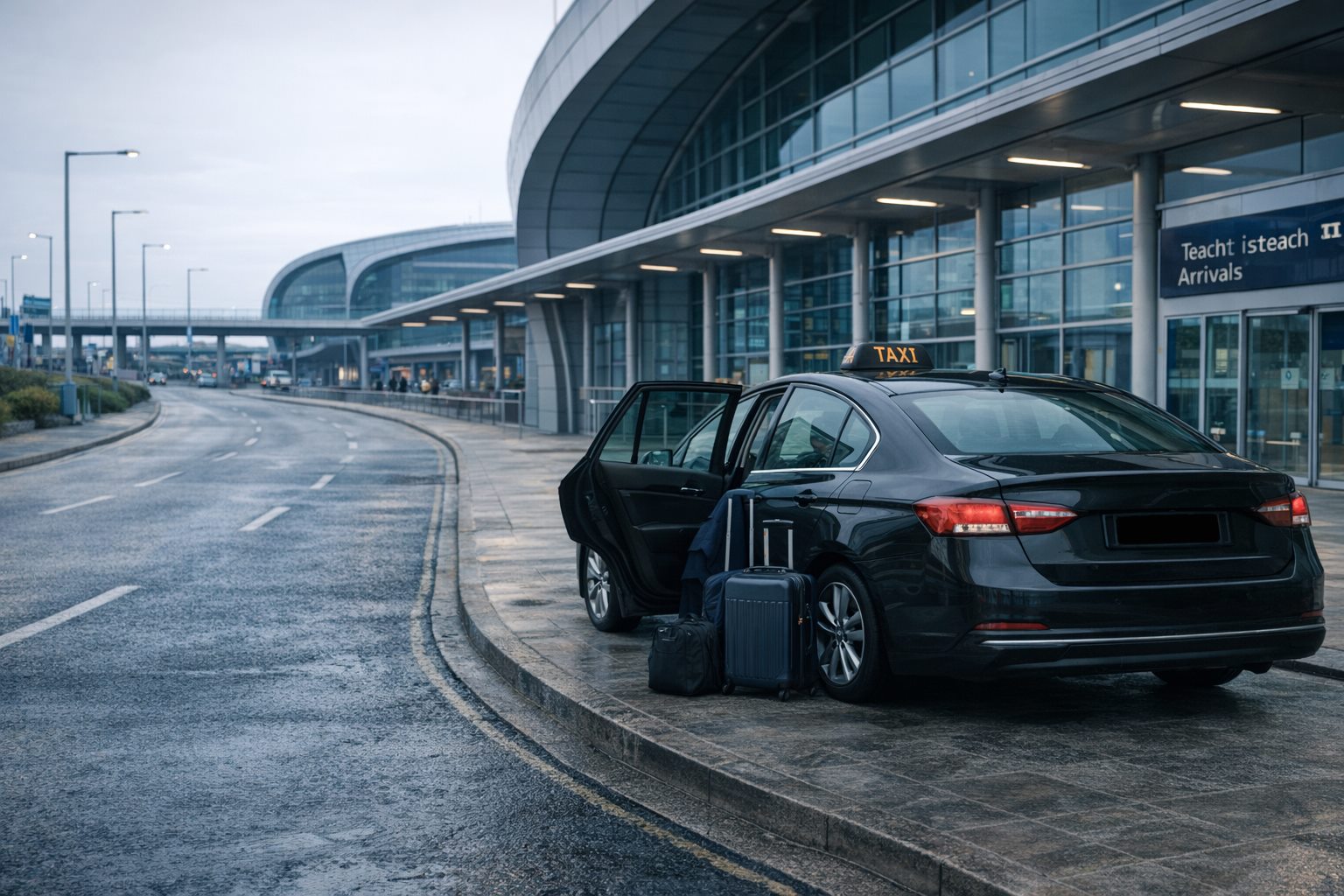 Taxi waiting at Dublin Airport arrivals pickup area with luggage