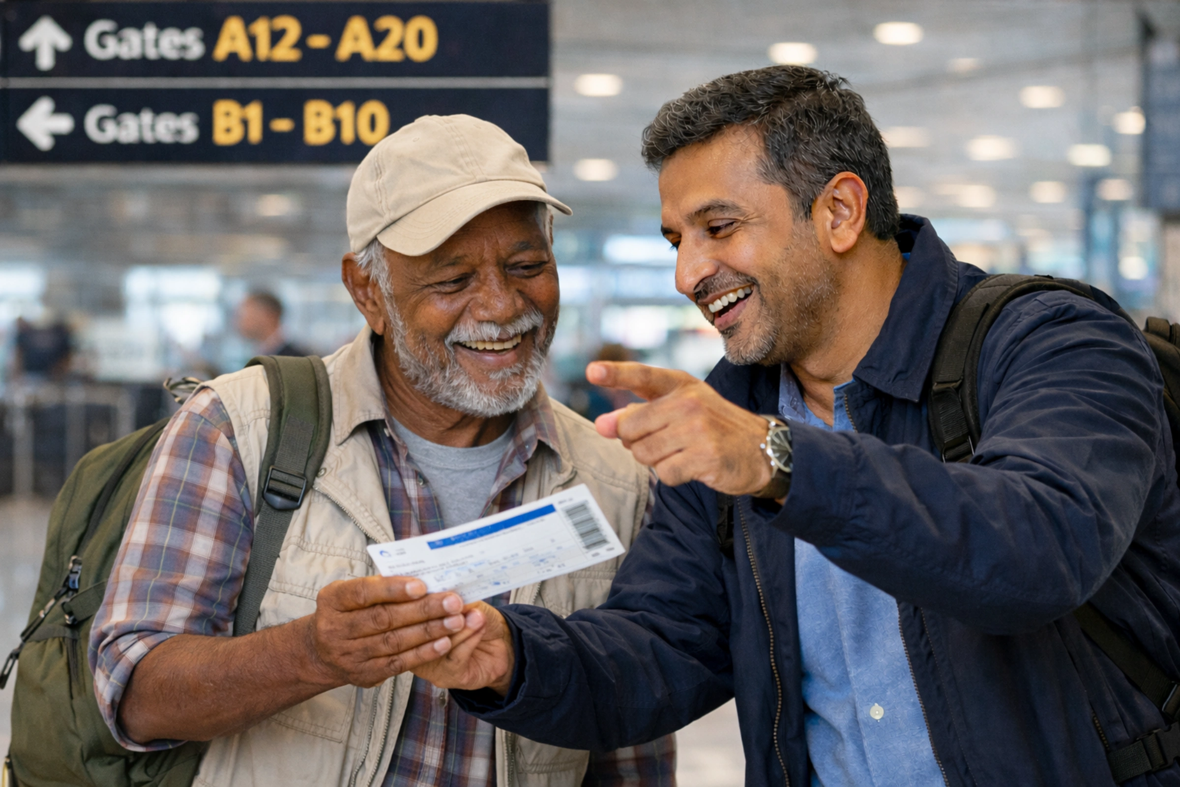 Two travelers reviewing a ticket at the airport